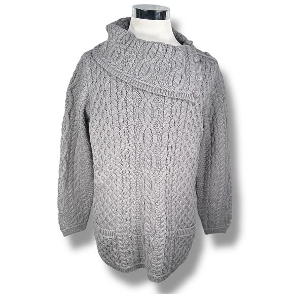 Aran Crafts Fisherman Sweater Women XL Gray Wool Button Crossover Collar New - Picture 1 of 9